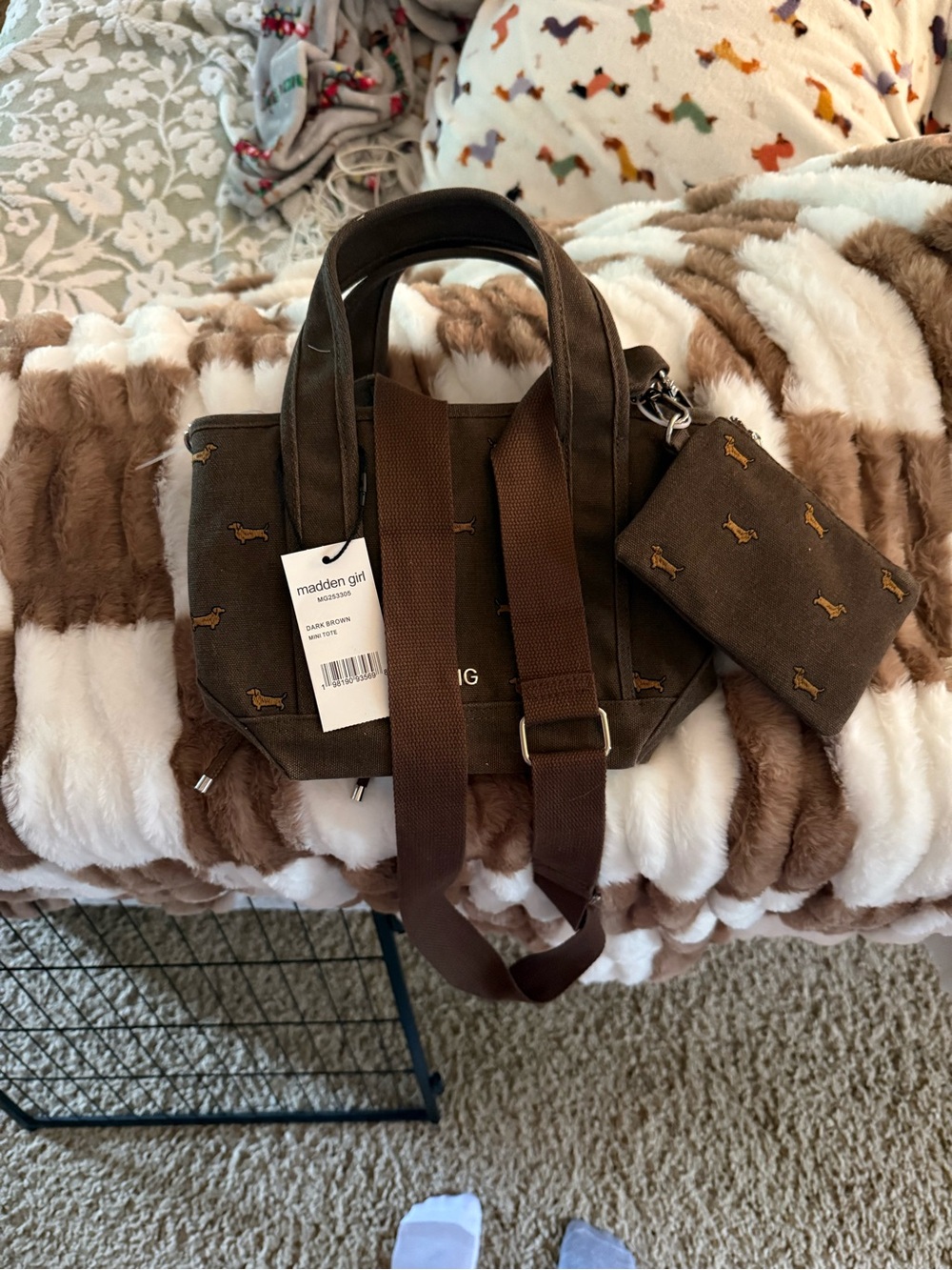 Madden Girl Brown Canvas Messenger Bag with Dachshund print
